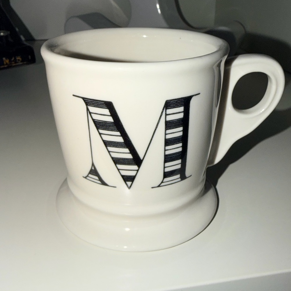 ANTHROPOLOGIE Black Letter M Initial Monogram White Ceramic Coffee Tea Mug